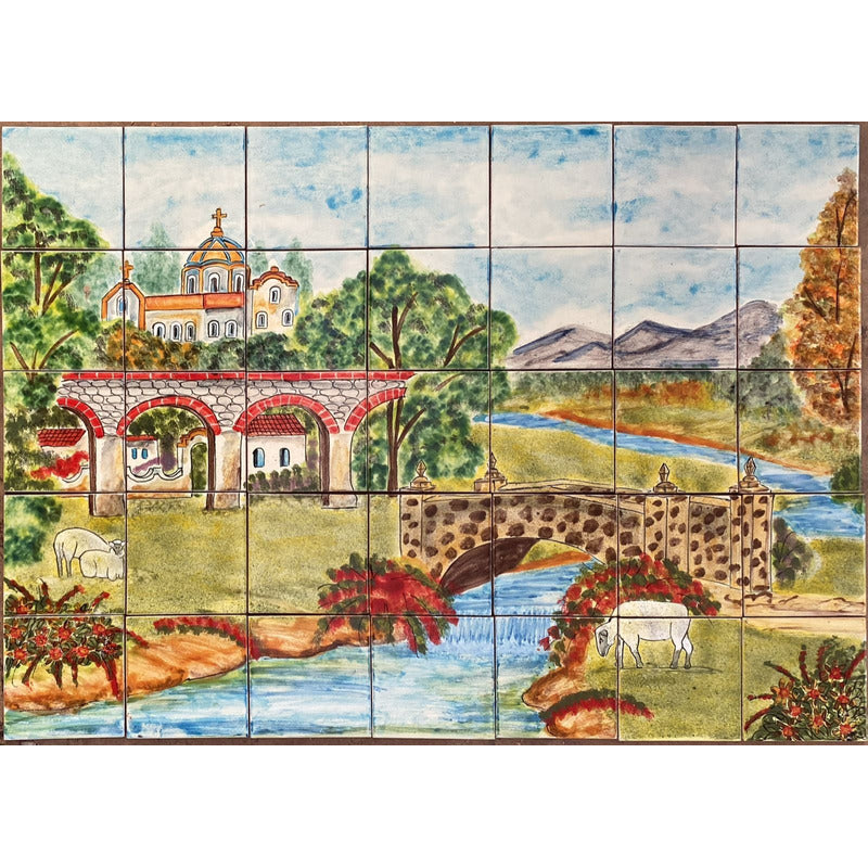 Mural 35pz Azulejo Artesanal Tipo Talavera Liso #m035-19 Pueblito Con Dos Puentes 5
