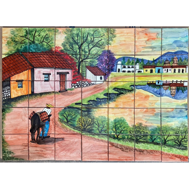 Mural 35pz Azulejo Artesanal Tipo Talavera Liso #m035-04 Pueblito Curva Con Reflejo 7