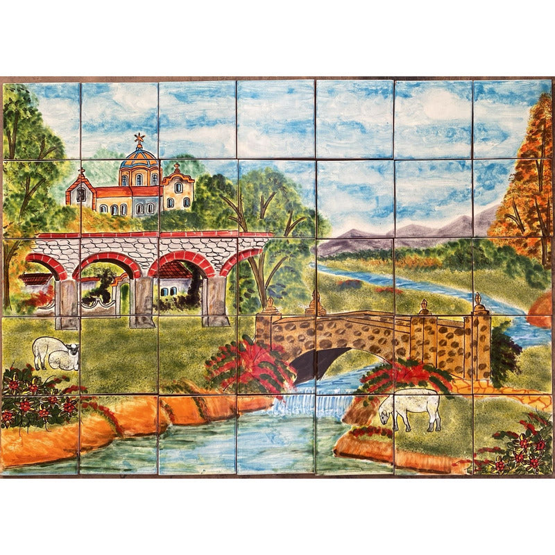 Mural 35pz Azulejo Artesanal Tipo Talavera Liso #m035-19 Pueblito Con Dos Puentes 2