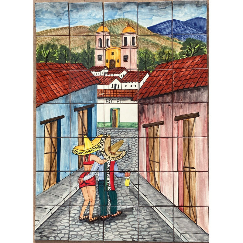 Mural 35pz Azulejo Artesanal Tipo Talavera Liso #m035-25 Pueblito Con Hotel 6