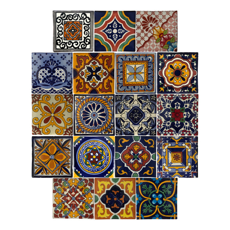 Azulejo 10.5cm Artesanal Tipo Talavera Liso 90pz Surtido N34