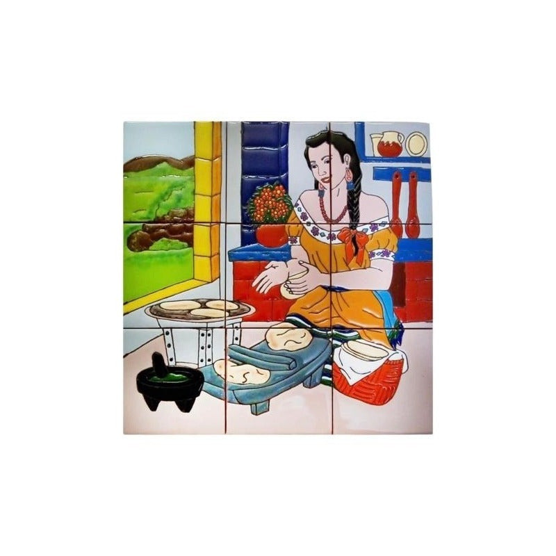 Mural 9pz Azulejo Artesanal Tipo Talavera Relieve #01