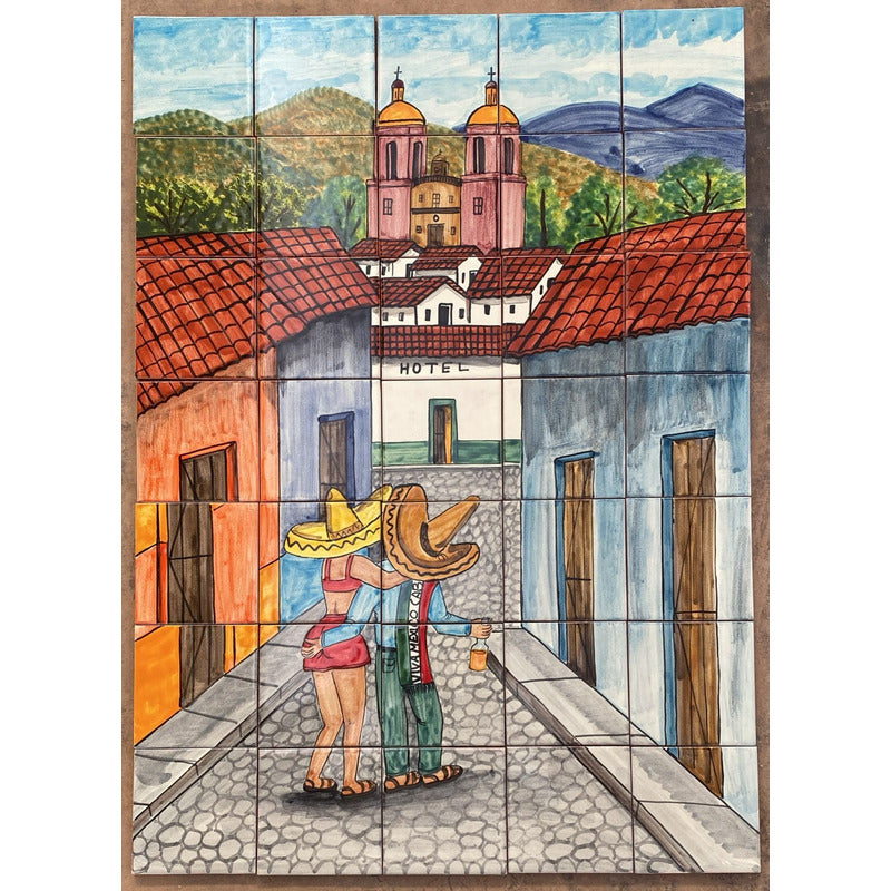 Mural 35pz Azulejo Artesanal Tipo Talavera Liso #m035-25 Pueblito Con Hotel 12