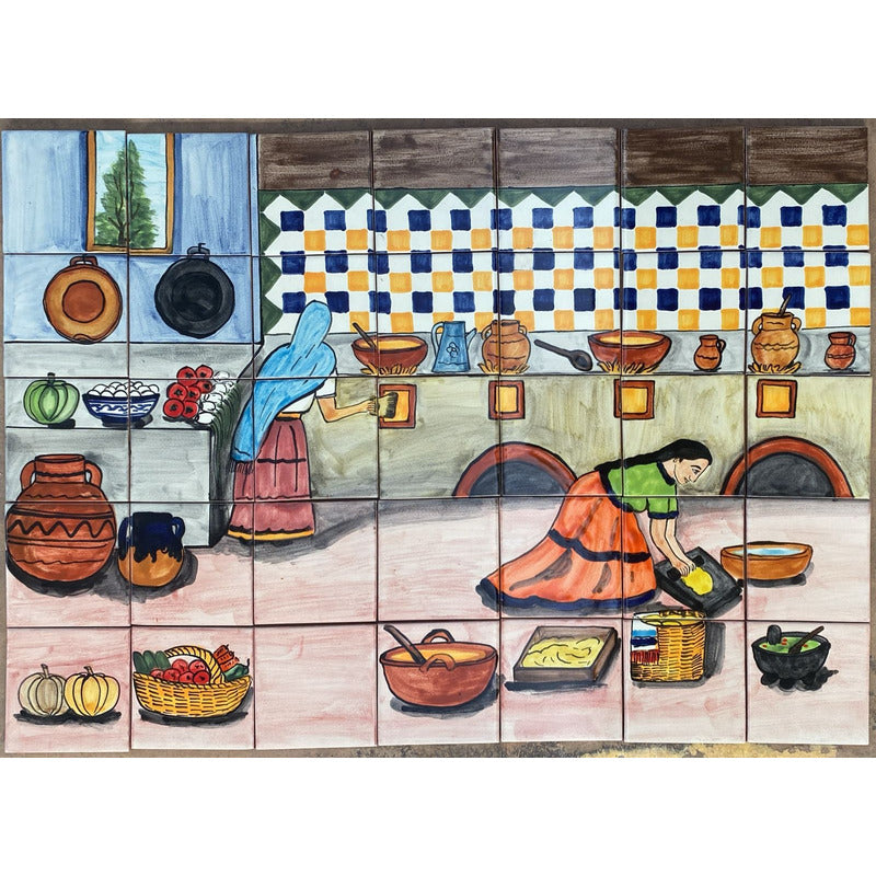 Mural 35pz Azulejo Artesanal Tipo Talavera Liso #m035-147 M035-147.02