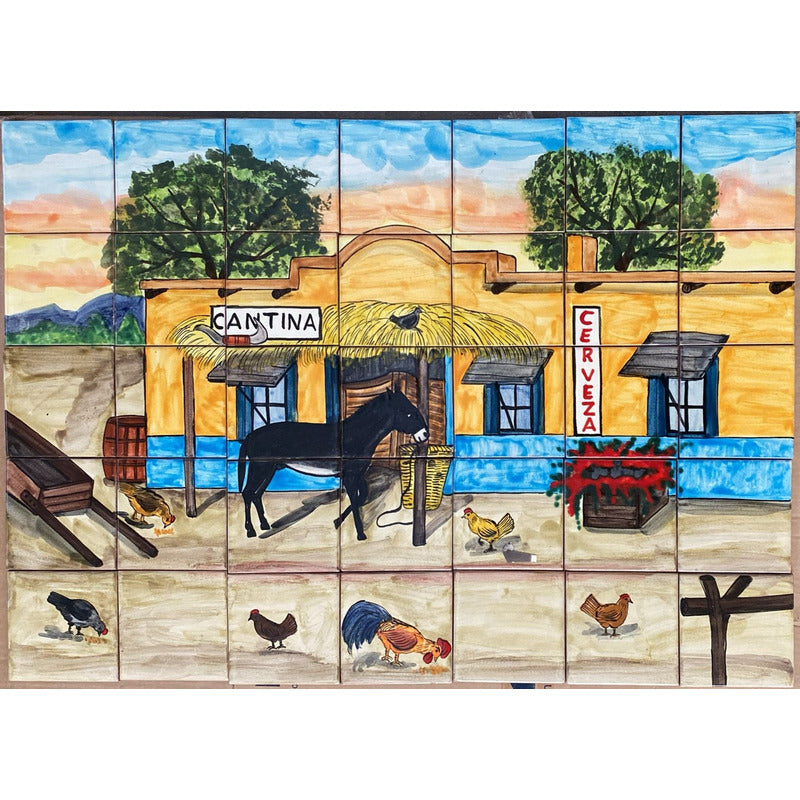 Mural 35pz Azulejo Artesanal Tipo Talavera Liso #m035-23 Pueblito Con Cantina 4