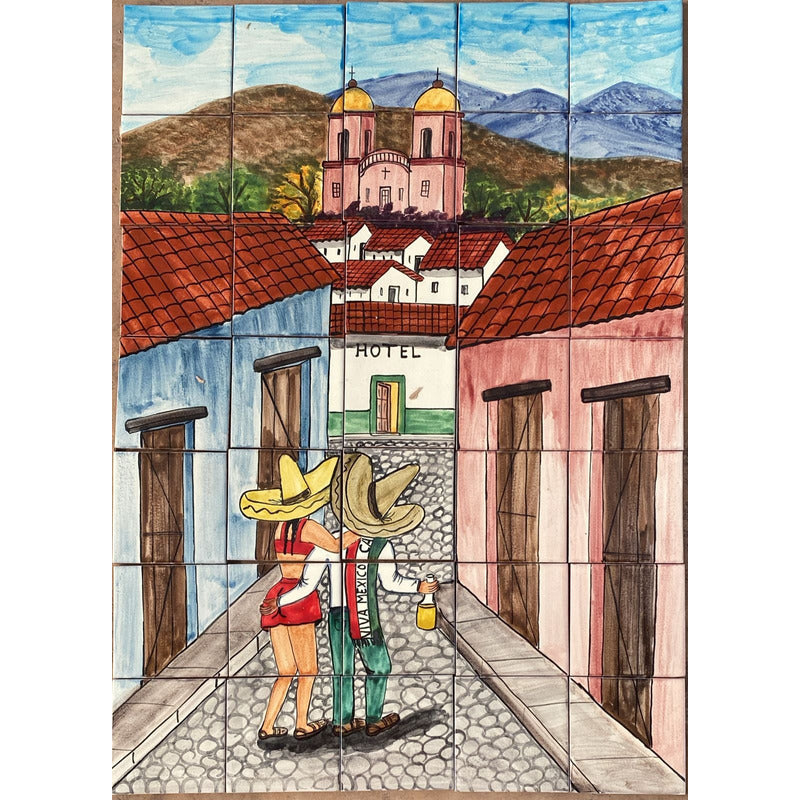 Mural 35pz Azulejo Artesanal Tipo Talavera Liso #m035-25 Pueblito Con Hotel 3
