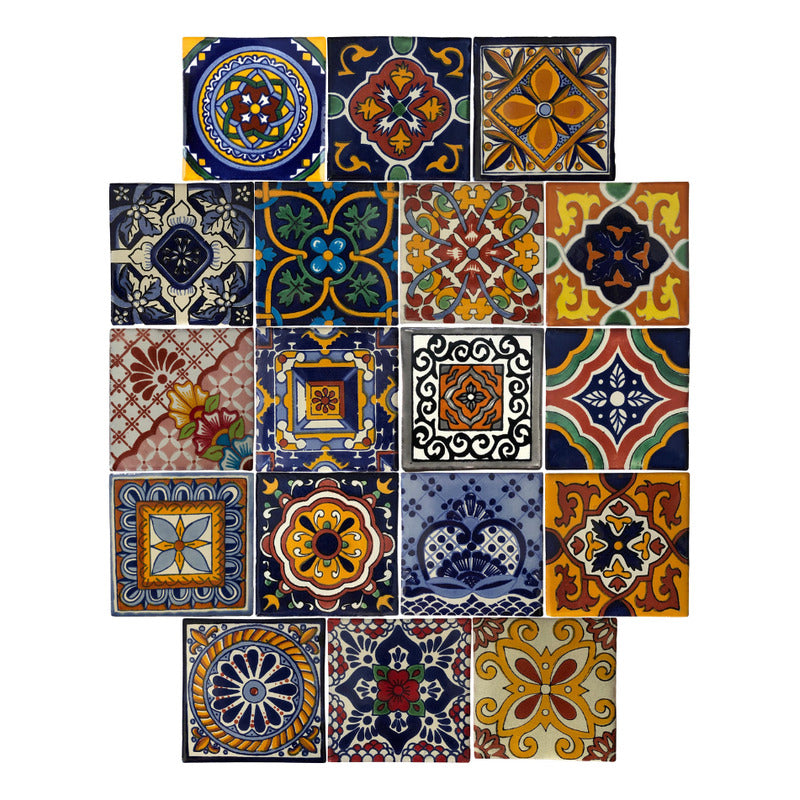 Azulejo 10.5cm Artesanal Tipo Talavera Liso 90pz Surtido N30