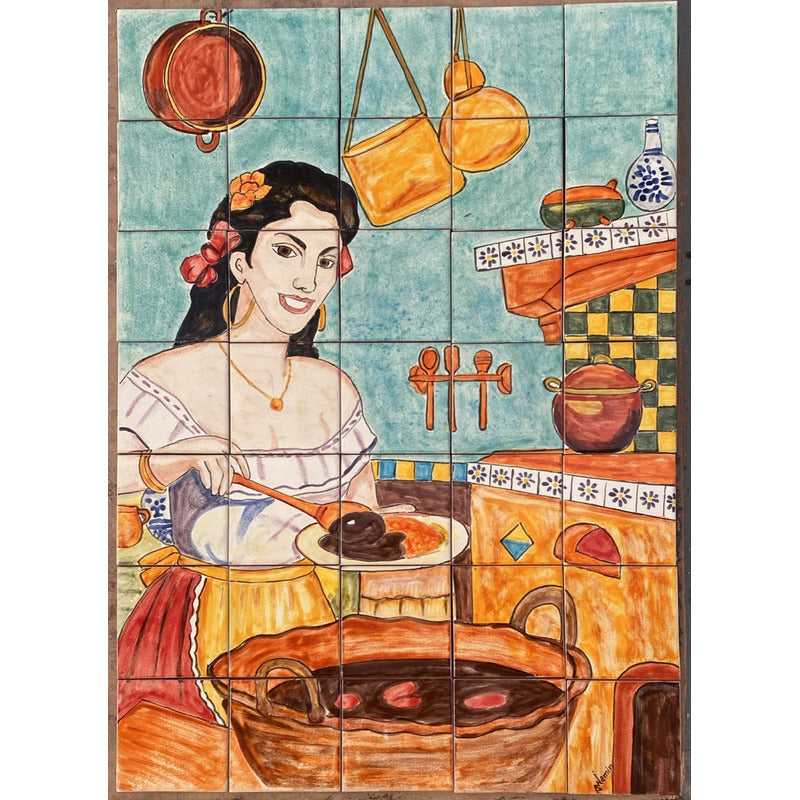 Mural 35pz Azulejo Artesanal Tipo Talavera Liso #m035-144 Variado