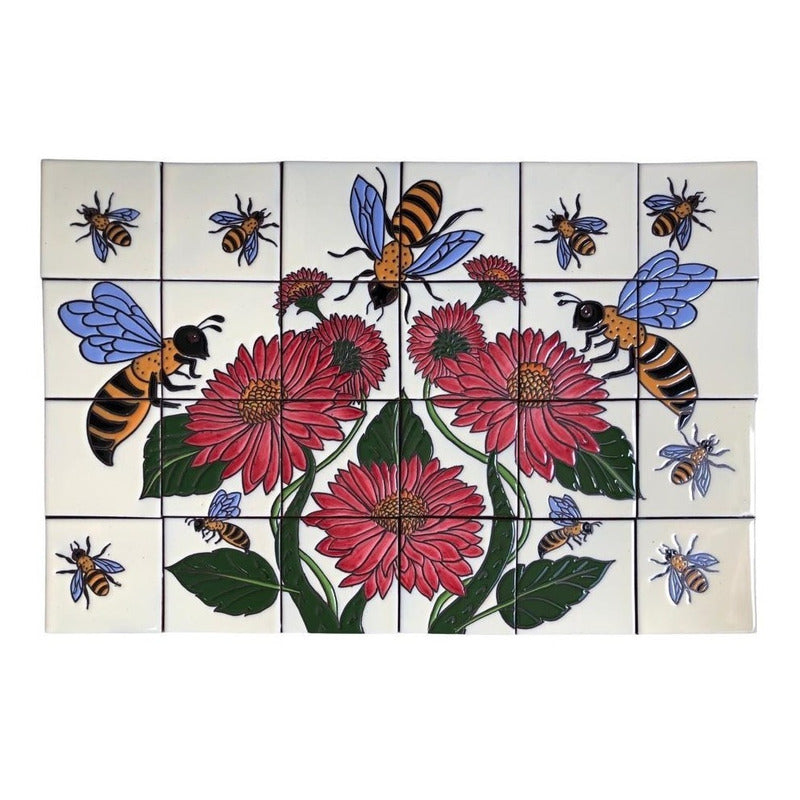 Mural 24pz Azulejo Artesanal Tipo Talavera Relieve #m024-22