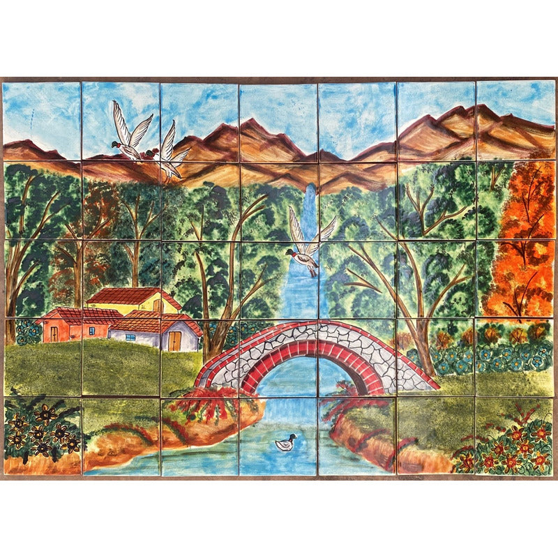 Mural 35pz Azulejo Artesanal Tipo Talavera Liso #m035-01 Pueblito Con Patos 7