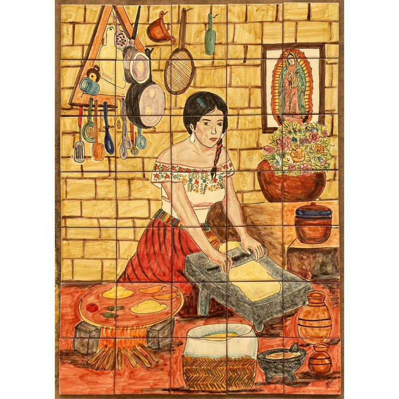 Mural 35pz Azulejo Artesanal Tipo Talavera Liso #m035-149 Variado