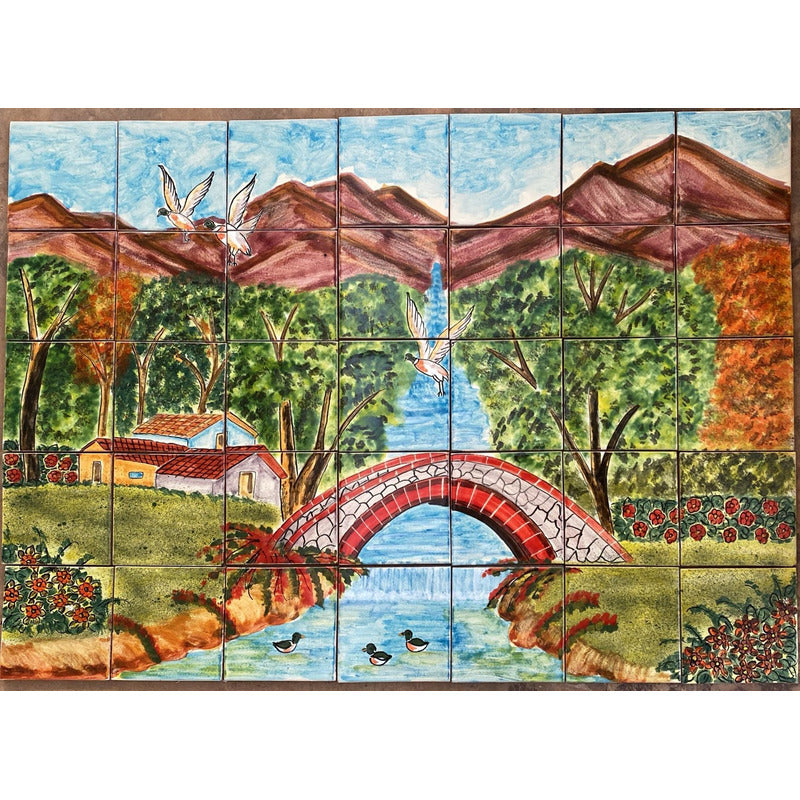 Mural 35pz Azulejo Artesanal Tipo Talavera Liso #m035-01 Pueblito Con Patos 6