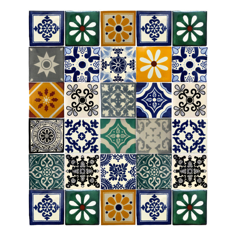 Azulejo 10.5cm Artesanal Tipo Talavera Liso 90pz Surtido S23