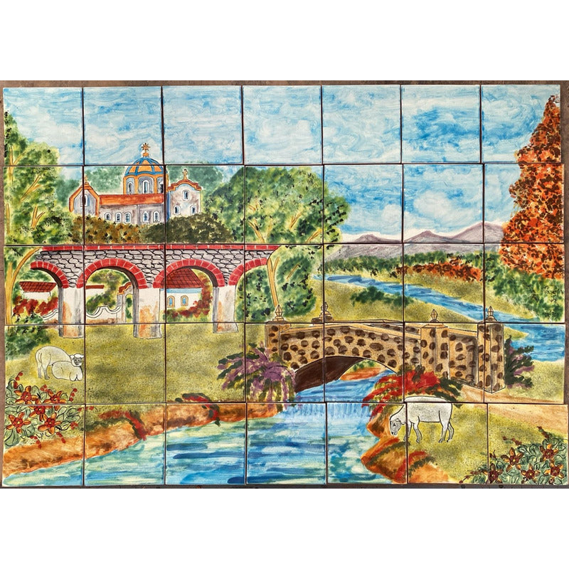 Mural 35pz Azulejo Artesanal Tipo Talavera Liso #m035-19 Pueblito Con Dos Puentes 8