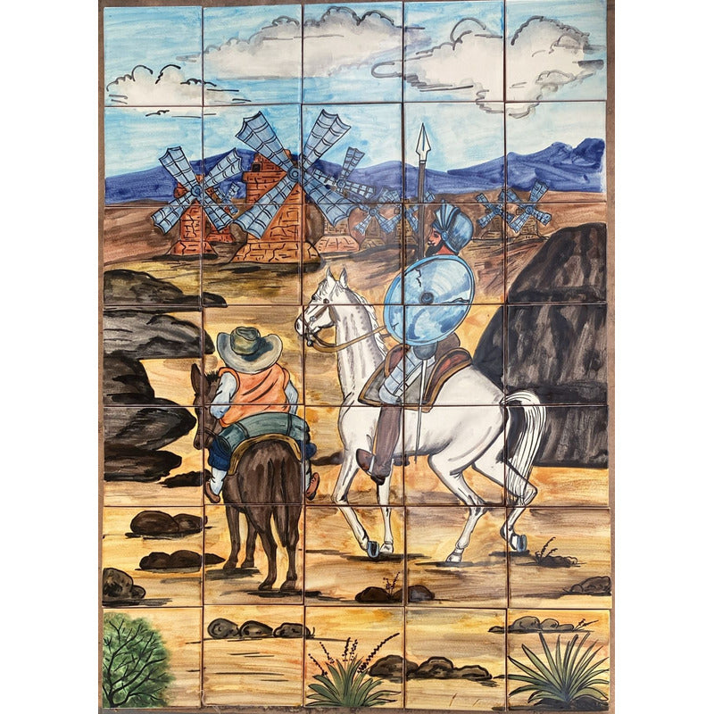 Mural 35pz Azulejo Artesanal Tipo Talavera Liso #m035-24 Pueblito Con Molino De Viento 1