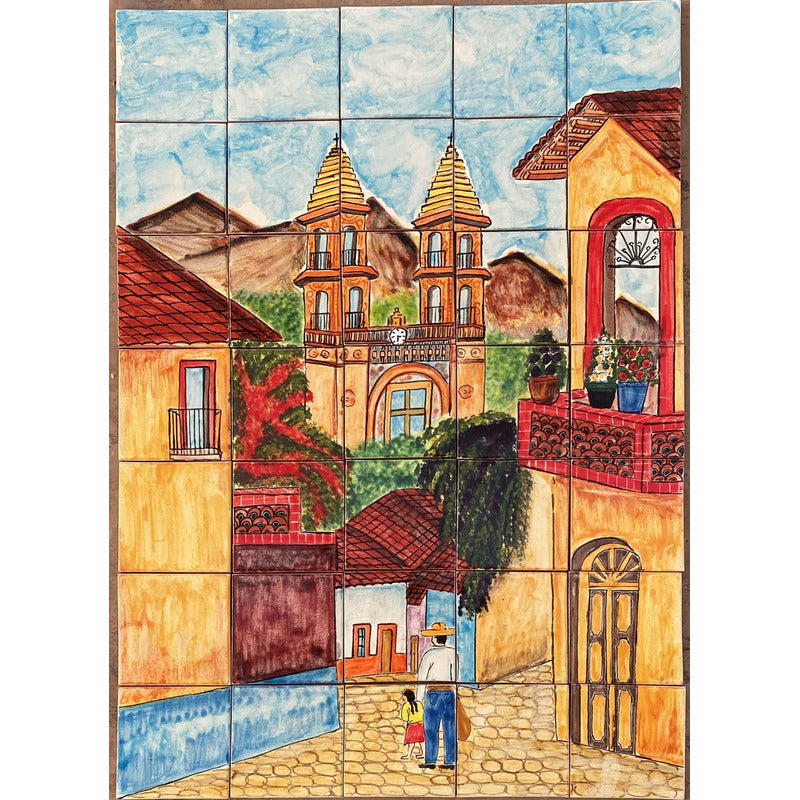 Mural 35pz Azulejo Artesanal Tipo Talavera Liso #m035-02 Pueblito Señor Y Niña 3