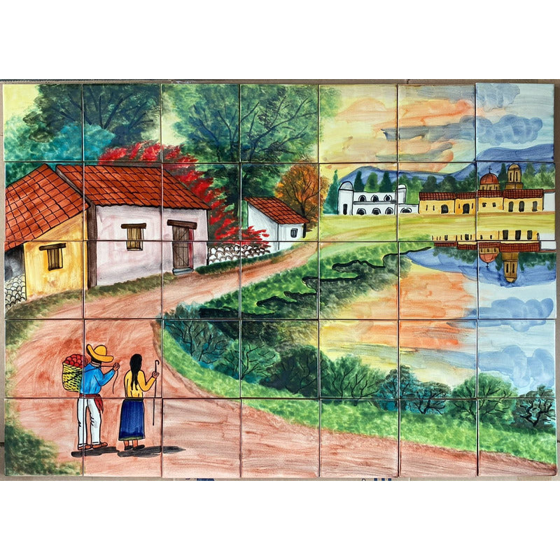 Mural 35pz Azulejo Artesanal Tipo Talavera Liso #m035-04 Pueblito Curva Con Reflejo 7