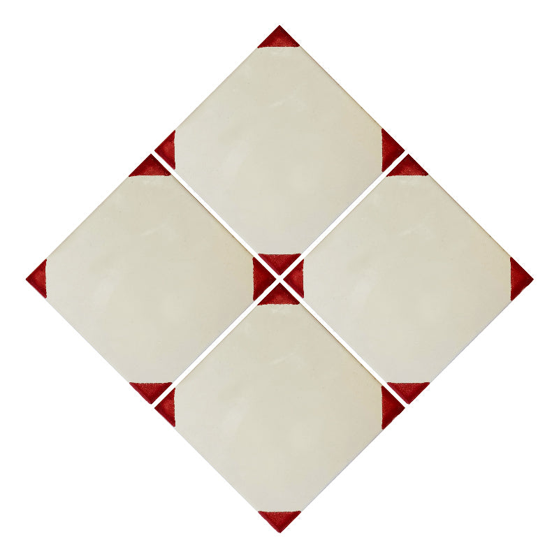 Azulejo 10.5cm Artesanal Tipo Talavera Liso 90pz Blanco con puntas Rojas